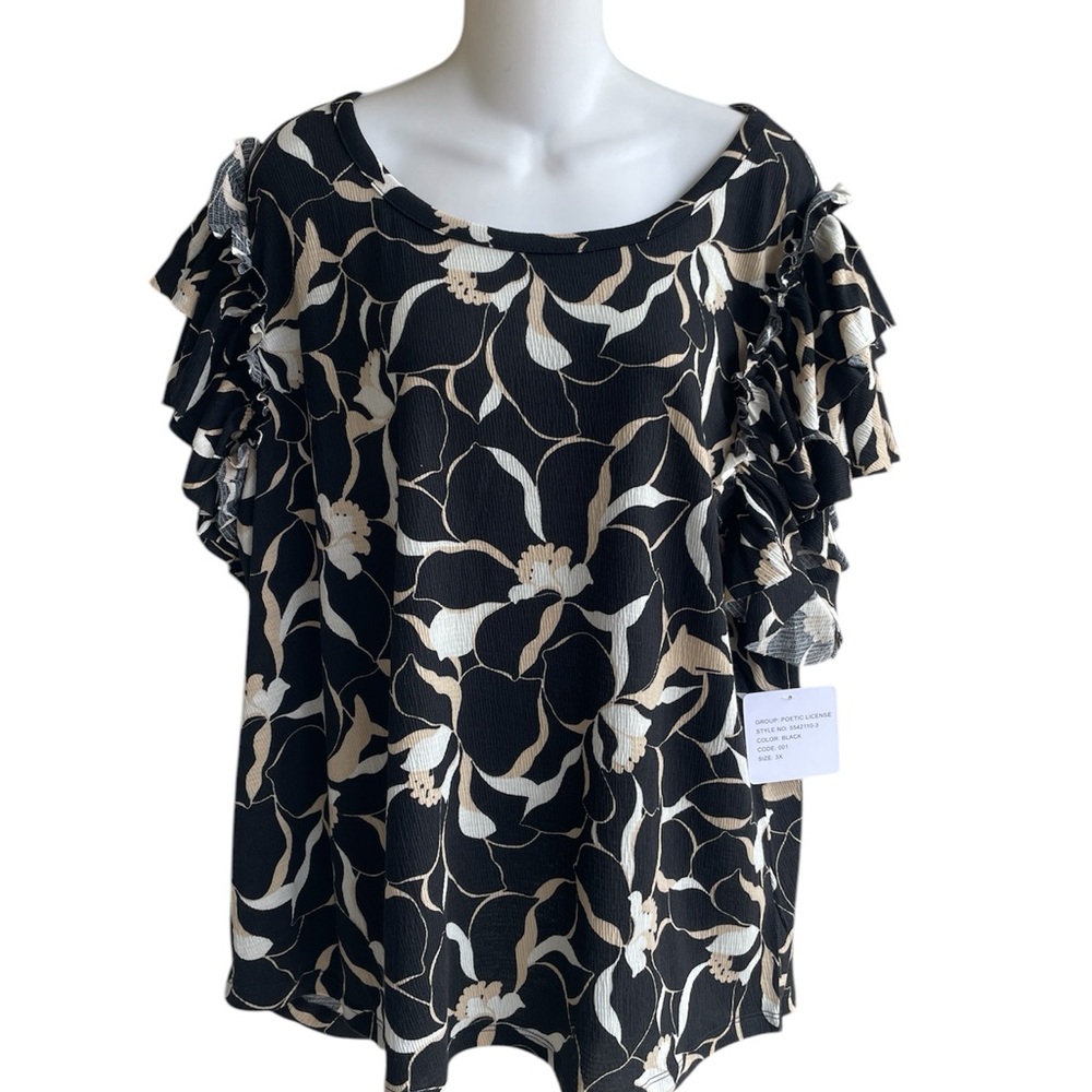 Stella & Ginger Soft Ribbed Floral Top Black Multi Short Ruffle Sleeves 3X NWT